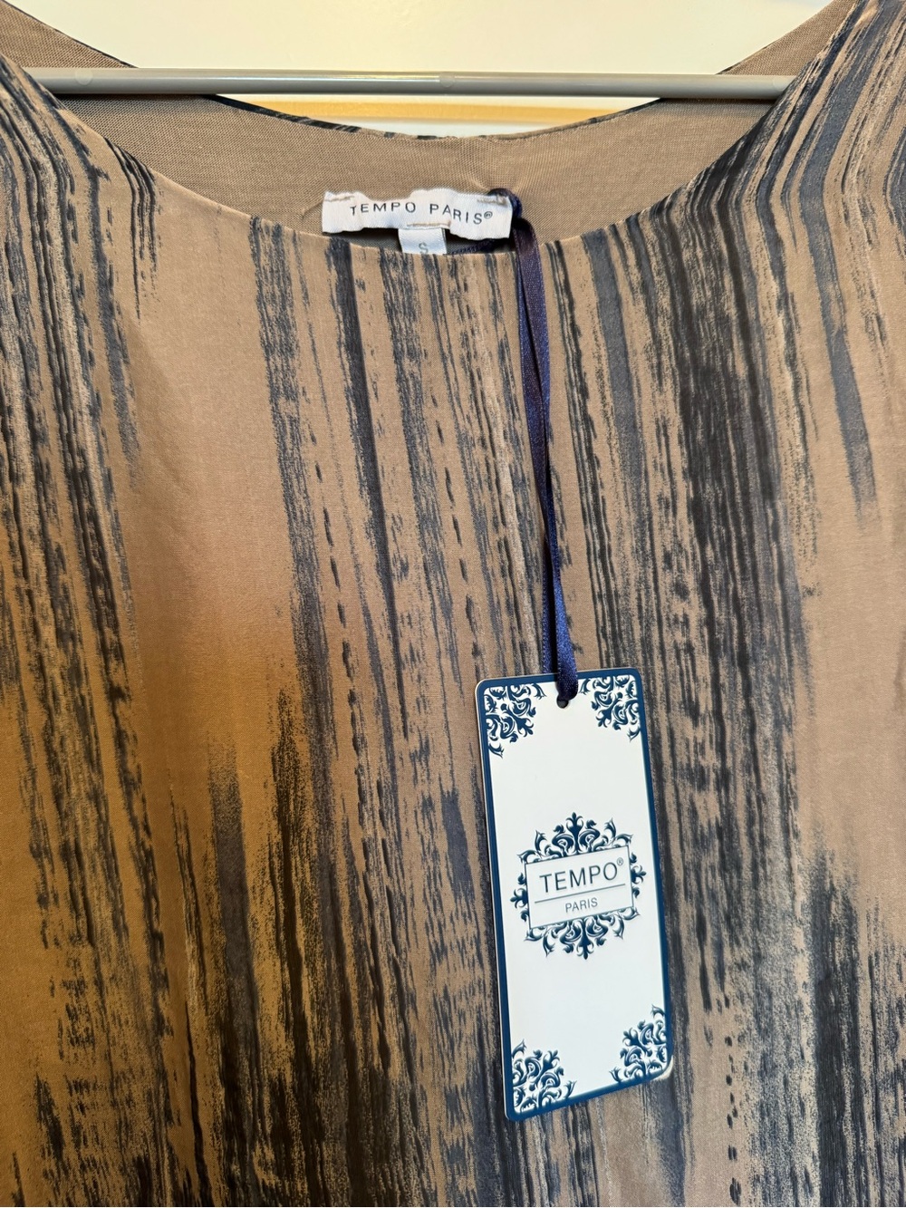 Tempo Paris Taupe and Blue Striped Silk Poncho Lined with Sequin Trim. - Picture 3 of 11